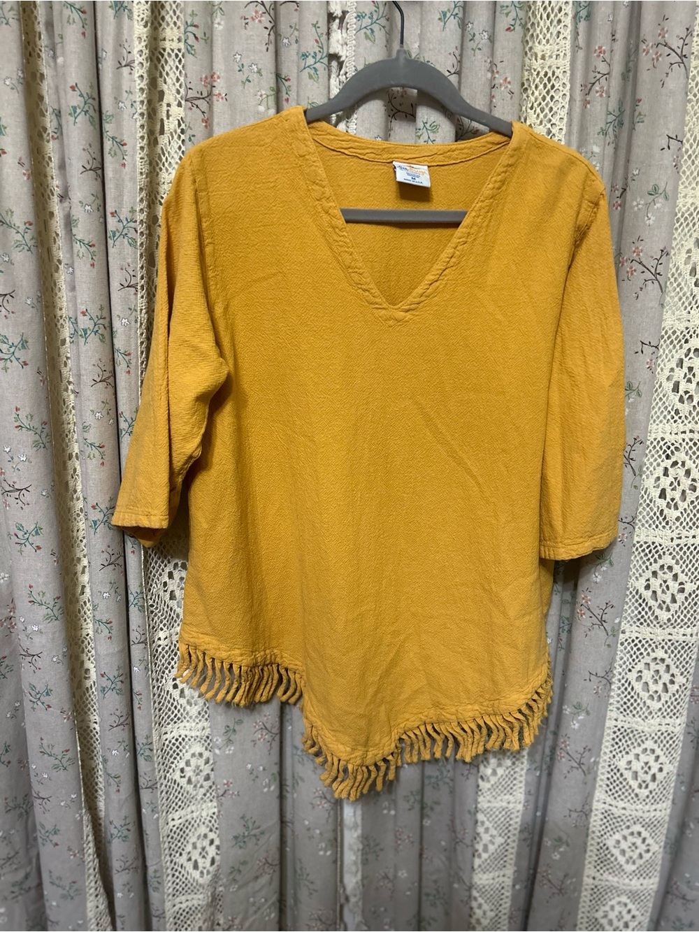 Sea Breeze California Mustard Yellow Fringe Hem Cotton Boho Tunic Top M